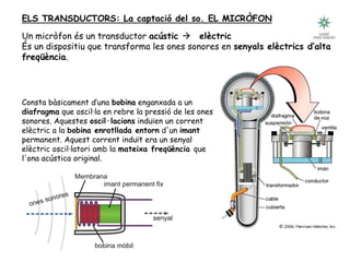 Tecnologia III: Comunicacions
ELS TRANSDUCTORS: La captació del so. EL MICRÒFON
Un micròfon és un transductor acústic  elèctric
És un dispositiu que transforma les ones sonores en senyals elèctrics d’alta
freqüència.
Consta bàsicament d’una bobina enganxada a un
diafragma que oscil·la en rebre la pressió de les ones
sonores. Aquestes oscil·lacions induïen un corrent
elèctric a la bobina enrotllada entorn d'un imant
permanent. Aquest corrent induït era un senyal
elèctric oscil·latori amb la mateixa freqüència que
l'ona acústica original.
 