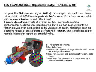 ELS TRANSDUCTORS: Reproducció imatge. PANTALLES CRT
.
Les pantalles CRT (tub de raigs catòdics) contenen per darrere la pantalla un
tub revestit amb 625 línies de punts de fòsfor en seriés de tres per reproduir
els tres colors bàsics: vermell, blau i verd.
3 canons d’electrons situats al interior del tub i darrere la pantalla
bombardegen, de dalt a baix i d’esquerra a dreta, en ziga-zaga, els punts de
fòsfor a la velocitat d’exploració de 50 vegades per segon. Aleshores, quan els
electrons xoquen sobre els punts de fòsfor s’il·luminen, amb la qual cosa es pot
veure la imatge per la part externa del vidre.
1: Tres canons d’electrons.
2: Fas d’electrons.
3: Màscara per separar els raigs vermells, blaus i verds
de la imatge visualitzada.
4: Capa fosforescent amb zones receptives per a cada
color.
5: Gran superfície plana sobre la cara interior de la
pantalla coberta de fòsfor.
 