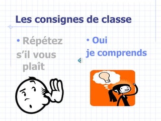 Les consignes de classe
• Répétez
s’il vous
plaît
• Oui
je comprends