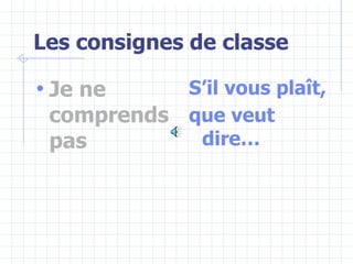Les consignes de classe
• Je ne
comprends
pas
S’il vous plaît,
que veut
dire…