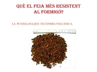 QUè EL FEIA MÉS RESISTENT
         AL FORMIGÓ?

LA PUTZOLANA,QUE ÉS CENDRA VOLCÀNICA.
 