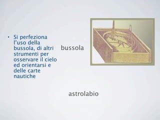 • Si perfeziona
  l’uso della
  bussola, di altri bussola
  strumenti per
  osservare il cielo
  ed orientarsi e
  delle carte
  nautiche


                     astrolabio
 
