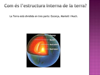 La Terra està dividida en tres parts: Escorça, Mantell i Nucli. 