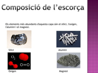 Els elements més abundants d'aquesta capa són el silici, l'oxigen, l'alumini i el magnesi. Silici Oxígen Alumini Magnesi 