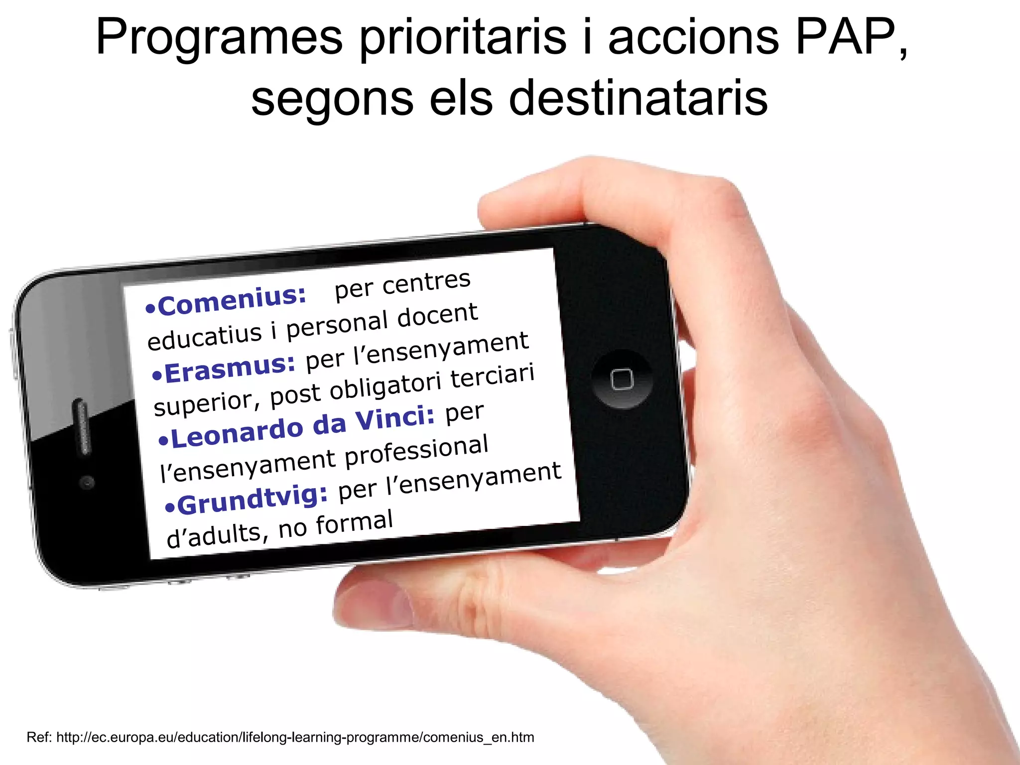 Programes prioritaris i accions PAP,
                segons els destinataris


                           s:      per centres
                  •Comeniu                docent
                  educatius i personal
                                               ament
                              :p  er l’enseny
                  •Erasmus                    terciari
                              os t obligatori
                  superior, p                 per
                                 da Vinci:
                   •Leonardo                ional
                               ent profess
                   l’ensenyam                     ament
                              g:    per l’enseny
                     •Grundtvi
                                 o formal
                     d’adults, n




Ref: http://ec.europa.eu/education/lifelong-learning-programme/comenius_en.htm
 