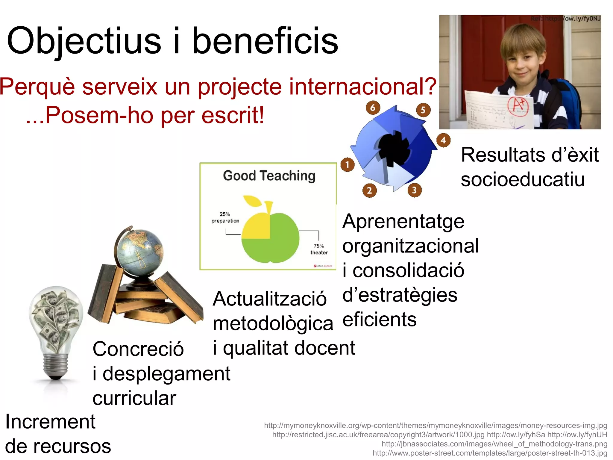 Objectius i beneficis
Perquè serveix un projecte internacional?
  ...Posem-ho per escrit!
                                                                                       Resultats d’èxit
                                                                                       socioeducatiu

                                   Aprenentatge
                                   organitzacional
                                   i consolidació
                     Actualització d’estratègies
                     metodològica eficients
         Concreció i qualitat docent
         i desplegament
         curricular
Increment                  http://mymoneyknoxville.org/wp-content/themes/mymoneyknoxville/images/money-resources-img.jpg
                              http://restricted.jisc.ac.uk/freearea/copyright3/artwork/1000.jpg http://ow.ly/fyhSa http://ow.ly/fyhUH

de recursos                                                       http://jbnassociates.com/images/wheel_of_methodology-trans.png
                                                               http://www.poster-street.com/templates/large/poster-street-th-013.jpg
 