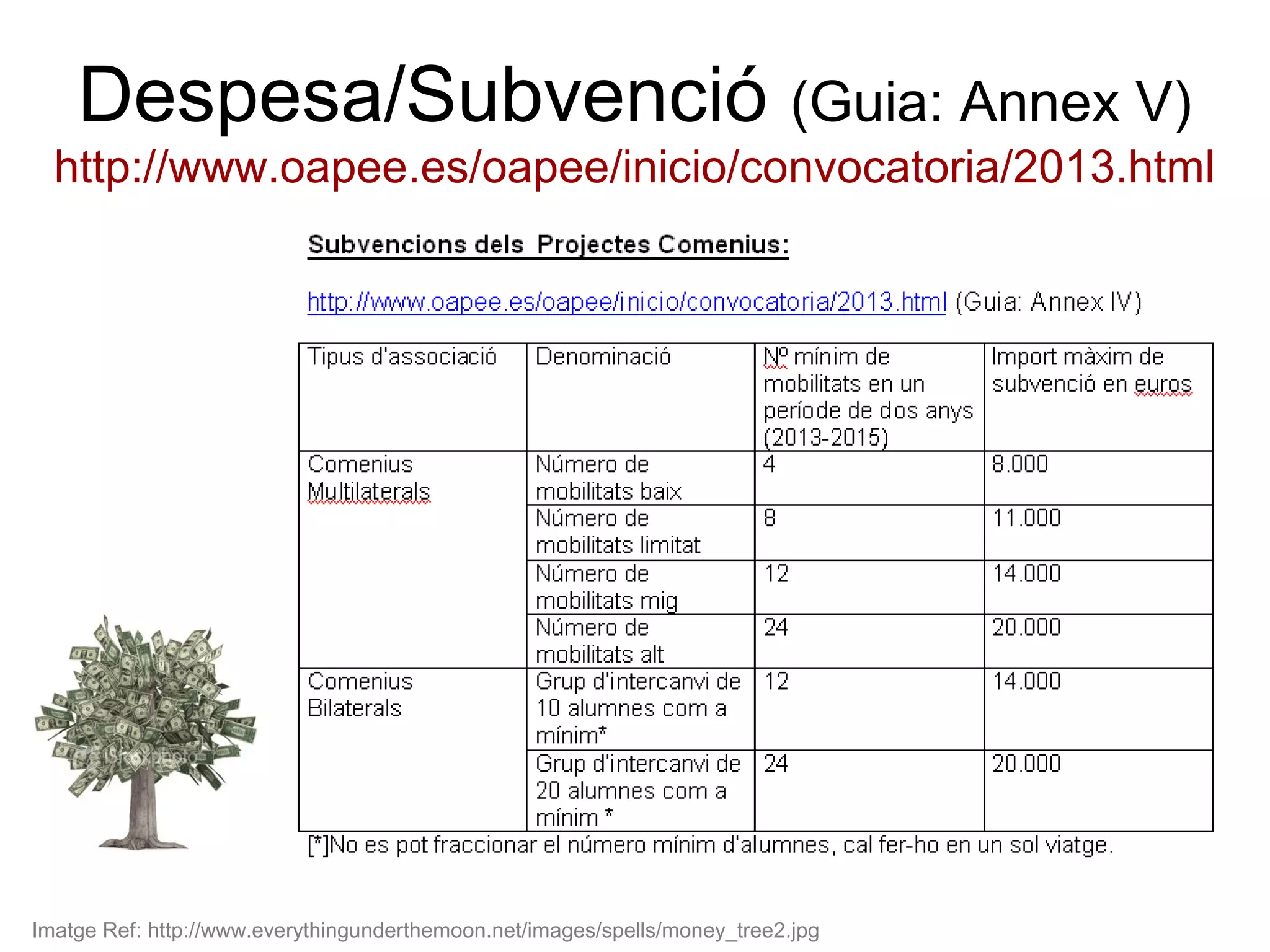 Despesa/Subvenció (Guia: Annex V)
  http://www.oapee.es/oapee/inicio/convocatoria/2013.html




Imatge Ref: http://www.everythingunderthemoon.net/images/spells/money_tree2.jpg
 