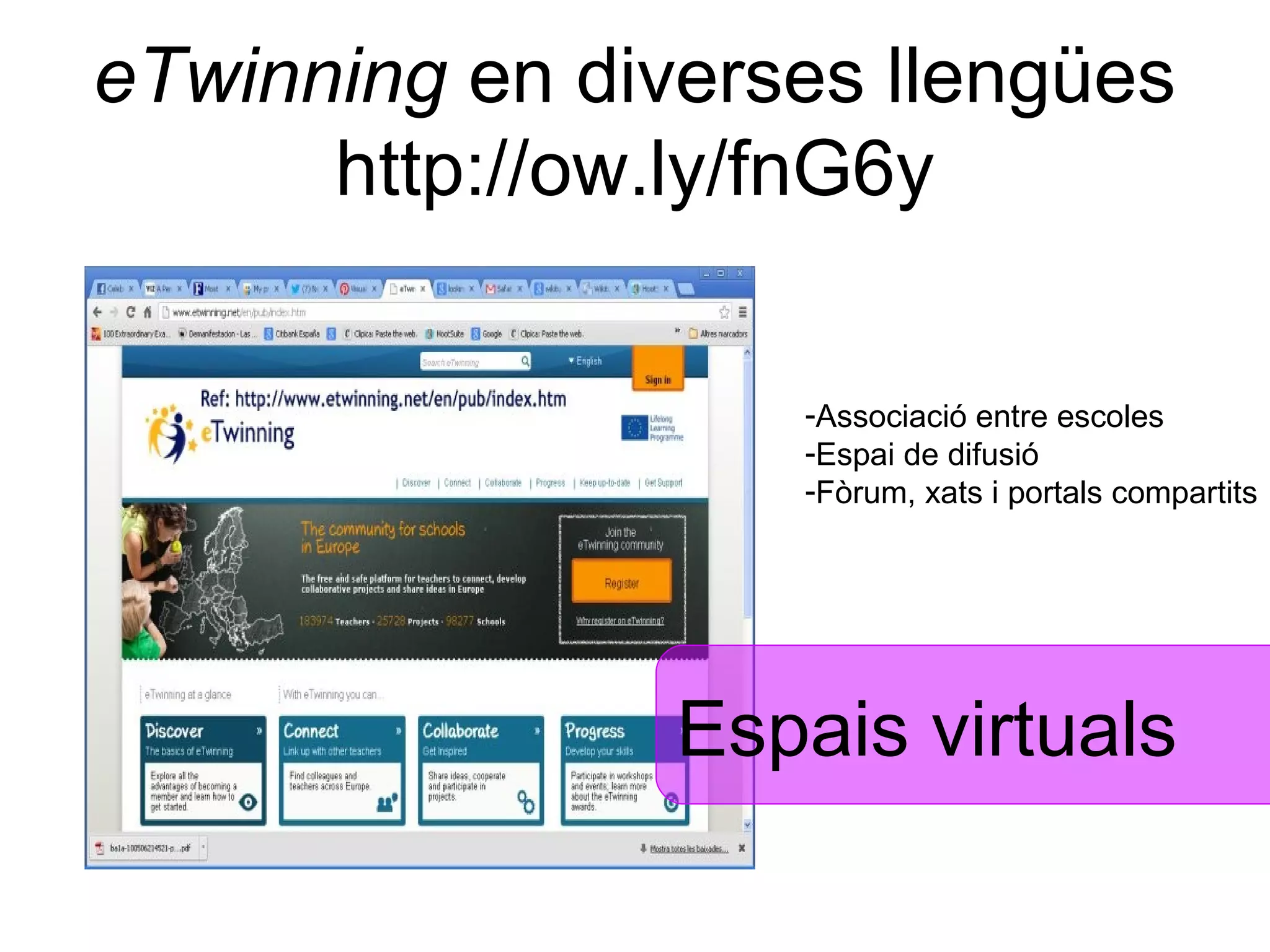 eTwinning en diverses llengües
      http://ow.ly/fnG6y

                   -Associació entre escoles
                   -Espai de difusió
                   -Fòrum, xats i portals compartits




                Espais virtuals
 