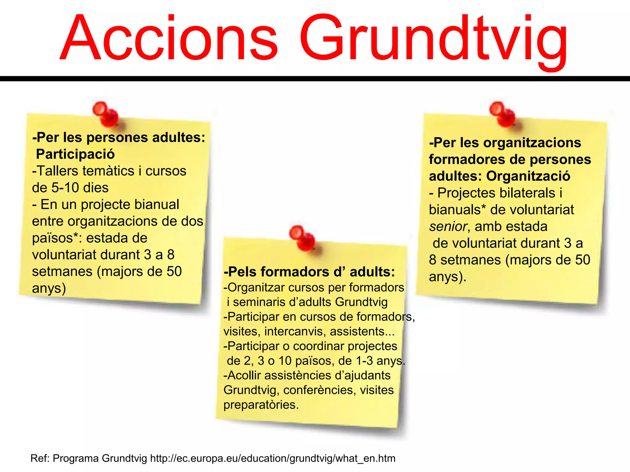 Accions Grundtvig
-Per les persones adultes:                                                    -Per les organitzacions
 Participació                                                                 formadores de persones
-Tallers temàtics i cursos                                                    adultes: Organització
de 5-10 dies                                                                  - Projectes bilaterals i
- En un projecte bianual                                                      bianuals* de voluntariat
entre organitzacions de dos                                                   senior, amb estada
països*: estada de                                                             de voluntariat durant 3 a
voluntariat durant 3 a 8                                                      8 setmanes (majors de 50
setmanes (majors de 50                 -Pels formadors d’ adults:             anys).
anys)                                  -Organitzar cursos per formadors
                                        i seminaris d’adults Grundtvig
                                       -Participar en cursos de formadors,
                                       visites, intercanvis, assistents...
                                       -Participar o coordinar projectes
                                        de 2, 3 o 10 països, de 1-3 anys.
                                       -Acollir assistències d’ajudants
                                       Grundtvig, conferències, visites
                                       preparatòries.



Ref: Programa Grundtvig http://ec.europa.eu/education/grundtvig/what_en.htm
 