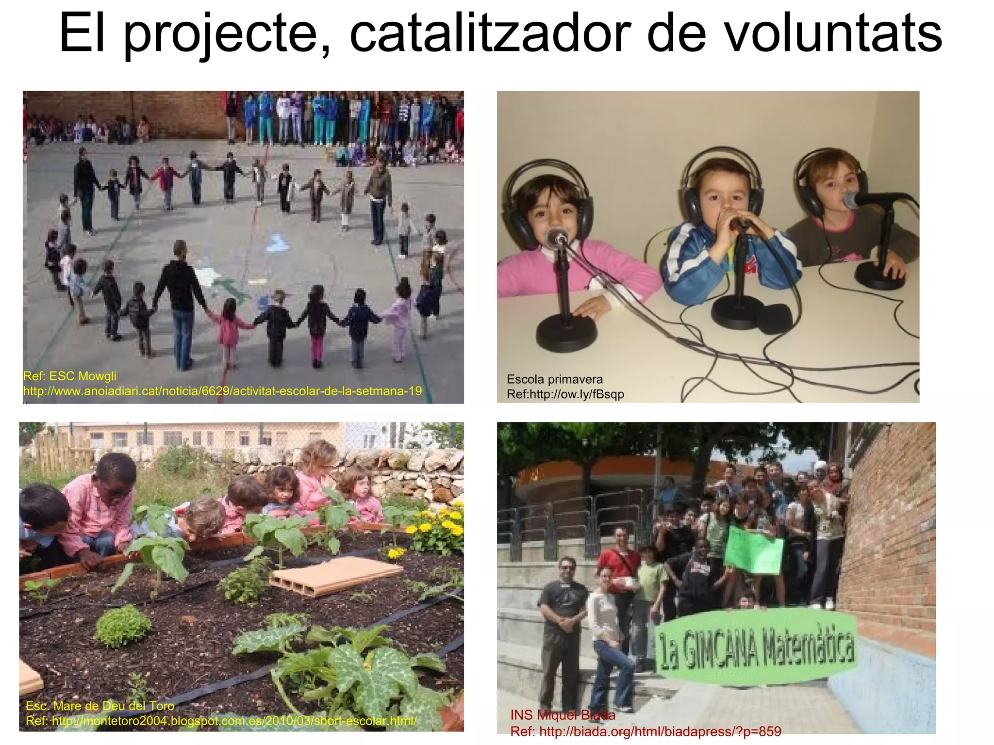 El projecte, catalitzador de voluntats




Ref: ESC Mowgli                                                             Escola primavera
http://www.anoiadiari.cat/noticia/6629/activitat-escolar-de-la-setmana-19   Ref:http://ow.ly/fBsqp




Esc. Mare de Deu del Toro
Ref: http://montetoro2004.blogspot.com.es/2010/03/short-escolar.html/       INS Miquel Biada
                                                                            Ref: http://biada.org/html/biadapress/?p=859
 