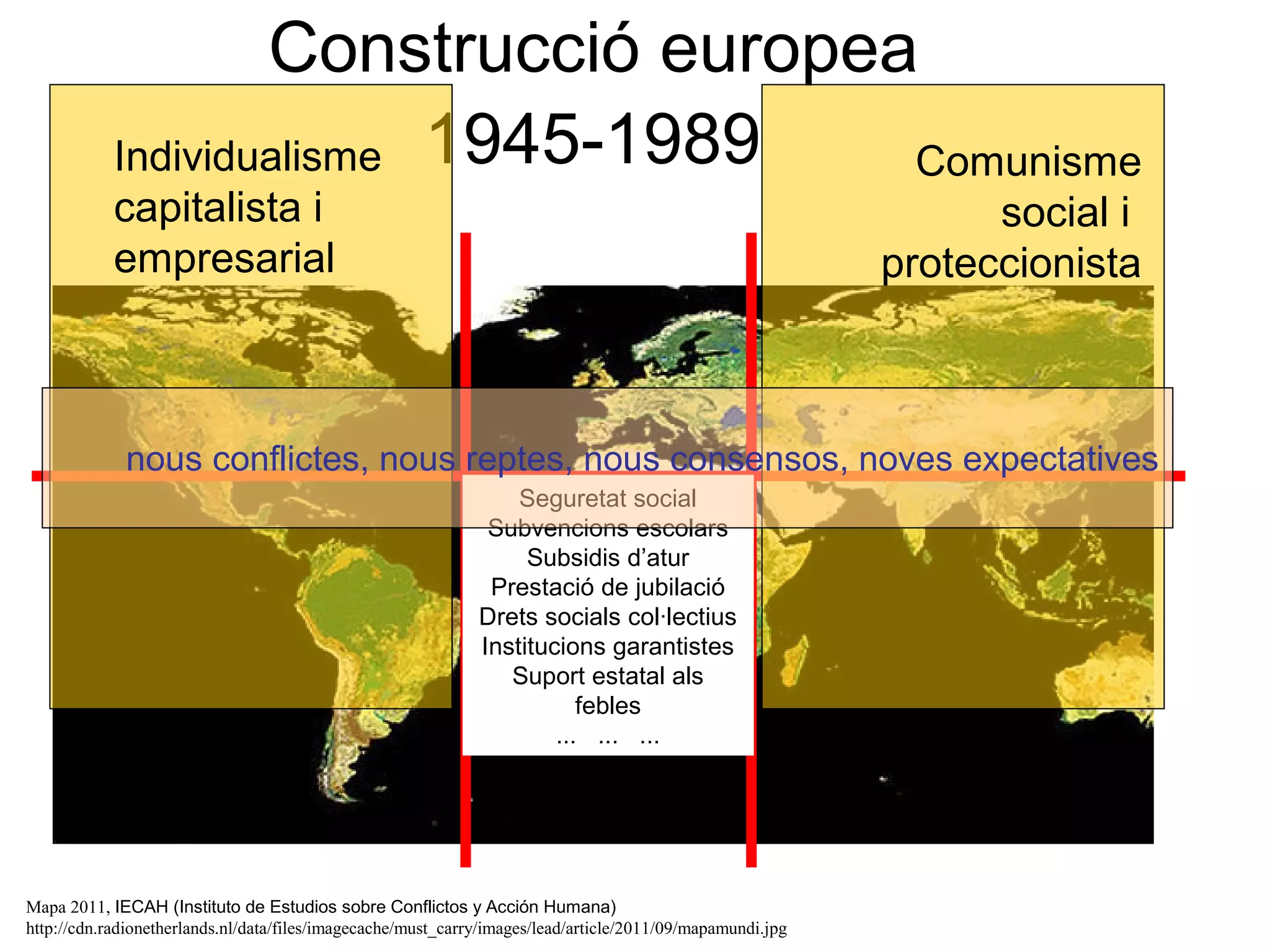 Construcció europea
            Individualisme 1945-1989   Comunisme
            capitalista i                                                                                         social i
            empresarial                                                                                     proteccionista



             nous conflictes, nous reptes, nous consensos, noves expectatives
                                                                  Seguretat social
                                                               Subvencions escolars
                                                                   Subsidis d’atur
                                                               Prestació de jubilació
                                                              Drets socials col·lectius
                                                              Institucions garantistes
                                                                 Suport estatal als
                                                                         febles
                                                                      ... ... ...




Mapa 2011, IECAH (Instituto de Estudios sobre Conflictos y Acción Humana)
http://cdn.radionetherlands.nl/data/files/imagecache/must_carry/images/lead/article/2011/09/mapamundi.jpg
 