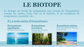 LE BIOTOPE
Le biotope est formé de composants non vivants de l’écosystème,
comme les roches, l’eau, l’air ou la lumière, et de conditions de
température, humidité, etc….
Il y a trois sortes d’écosystèmes:
Écosystémes
aquatiques
Biotope couvert d’eau
Écosystèmes
terrestres
Biotope qui n’est pas
couvert d’eau
Écosytèmes mixtes
Zones de rencontre entre la
terre et l’eau
 