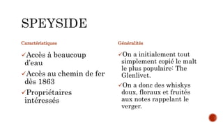 Caractéristiques
Accès à beaucoup
d’eau
Accès au chemin de fer
dès 1863
Propriétaires
intéressés
Généralités
On a initialement tout
simplement copié le malt
le plus populaire: The
Glenlivet.
On a donc des whiskys
doux, floraux et fruités
aux notes rappelant le
verger.
 