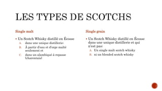 Single malt
 Un Scotch Whisky distillé en Écosse
A. dans une unique distillerie;
B. À partir d’eau et d’orge malté
seulement et
C. dans un alambiqué à repasse
(charentais)
Single grain
 Un Scotch Whisky distillé en Écosse
dans une unique distillerie et qui
n’est pas;
A. Un single malt scotch whisky
B. ni un blended scotch whisky
 