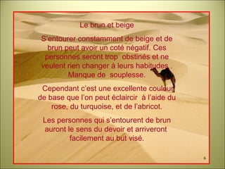 Le brun et beige S’entourer constamment de beige et de brun peut avoir un coté négatif. Ces personnes seront trop  obstinés et ne veulent rien changer à leurs habitudes . Manque de  souplesse. Cependant c’est une excellente couleur de base que l’on peut éclaircir  à l’aide du rose, du turquoise, et de l’abricot. Les personnes qui s’entourent de brun auront le sens du devoir et arriveront  facilement au but visé. 