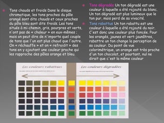  Tons chauds et froids Dans le disque
chromatique, les tons proches du pôle
orangé sont dits chauds et ceux proches
du pôle bleu sont dits froids. Les tons
situés à mi-chemin, gris, pourpres et verts,
n'ont pas de « chaleur » en eux-mêmes ;
mais on peut dire de n'importe quel couple
de tons que l'un est plus chaud que l'autre.
On « réchauffe » et on « refroidit » des
tons en y ajoutant une couleur proche qui
les rapproche des pôles orange et bleu.
 Tons dégradés Un ton dégradé est une
couleur à laquelle a été rajouté du blanc.
Un ton dégradé est plus lumineux que le
ton pur, mais perd de sa vivacité.
 Tons rabattus Un ton rabattu est une
couleur à laquelle a été rajouté du noir.
C'est donc une couleur plus foncée. Pour
les orangés, jaunes et vert-jaunâtres,
rabattre un ton change la perception de
sa couleur. Du point de vue
colorimétrique, un orange est très proche
d'un ton chocolat, et pourtant, nul ne
dirait que c'est la même couleur
 