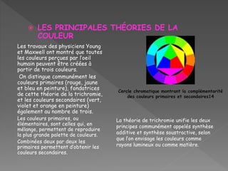 Les travaux des physiciens Young
et Maxwell ont montré que toutes
les couleurs perçues par l’oeil
humain peuvent être créées à
partir de trois couleurs.
On distingue communément les
couleurs primaires (rouge, jaune
et bleu en peinture), fondatrices
de cette théorie de la trichromie,
et les couleurs secondaires (vert,
violet et orange en peinture)
également au nombre de trois.
Les couleurs primaires, ou
élémentaires, sont celles qui, en
mélange, permettent de reproduire
la plus grande palette de couleurs.
Combinées deux par deux les
primaires permettent d’obtenir les
couleurs secondaires.
 LES PRINCIPALES THÉORIES DE LA
COULEUR
Cercle chromatique montrant la complémentarité
des couleurs primaires et secondaires14
La théorie de trichromie unifie les deux
principes communément appelés synthèse
additive et synthèse soustractive, selon
que l’on envisage les couleurs comme
rayons lumineux ou comme matière.
 