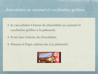 chocolatées au caramel et cacahuètes grillées


   Je vais acheter 6 barres de chocolatées au caramel et
   cacahuètes grillées à la pâtisserie.

   Il me faux 6 barres de chocolatées.

   Maman et Papa, achetez-les à la pâtisserie!
 