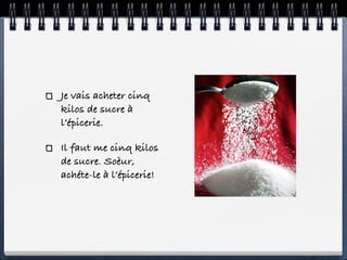 Je vais acheter cinq
kilos de sucre à
l’épicerie.

Il faut me cinq kilos
de sucre. Soèur,
achéte-le à l’épicerie!
 