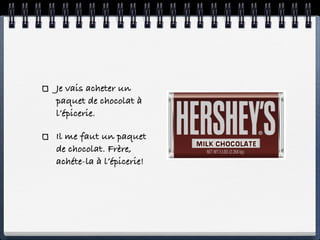 Je vais acheter un
paquet de chocolat à
l’épicerie.

Il me faut un paquet
de chocolat. Frère,
achéte-la à l’épicerie!
 