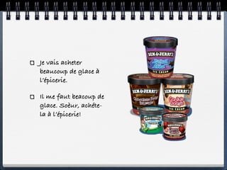 Je vais acheter
beaucoup de glace à
l’épicerie.

Il me faut beacoup de
glace. Soèur, achéte-
la à l’épicerie!
 