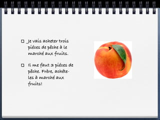 Je vais acheter trois
piéces de pêche à le
marché aux fruits.

Il me faut 3 piéces de
pêche. Frère, achéte-
les à marché aux
fruits!
 
