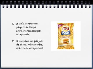 Je vais acheter un
paquet de Chips
saveur cheeseburger
à l’épicerie.

Il me faut un paquet
de chips. Mère et Père,
achetez-le à l’épicerie!
 