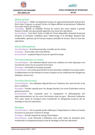 Année universitaire 2013 - 2014 Page 12
UNIVERSITE SIDI MOHAMED
BEN ABDELLAH
ECOLE SUPERIEURE DE TECHOLOGIE
DE FES
Aérien (avion)
Caractéristiques : Utilisé normalement lorsque les approvisionnements doivent être
livrés dans l’urgence ou quand l’accès a la région affectée ne permet pas l’utilisation
d’un autre moyen de transport
Avantages : Rapide et confiable, Permet de couvrir des zones situées à grande
distance, Facilite une plus grande approche aux zones des opérations.
Inconvénients : Cout élevé, Selon la taille de l’avion disponible, demande beaucoup
d’espace et Certaines conditions pour l’atterrissage et le décollage, Requiert des
combustibles spéciaux qu’il n’est pas toujours possible de trouver dans la zone des
opérations.
Aérien (hélicoptères)
Caractéristiques : Il est beaucoup plus versatile que les avions
Avantages : Peut accèdes a des zones difficiles
Inconvénients : en général dispose de peu de capacité de charge
Terrestre (chemins et routes)
Caractéristiques : Son utilisation dépend surtout des conditions de transit (physique et de
sécurité) des routes d’accès aux points de livraison
Avantages : très flexible, Economique et grande
Inconvénients : Les routes peuvent être en très mauvaise conditions ou ne pas exister,
Le déplacement sur des chemins en zones critiques ou de conflit peut être dangereux
(attaques, assaut, etc.)
Terrestre (ferroviaire)
Caractéristiques : Son utilisation dépend bien sur l’existence des voies ferrées et de
leurs conditions
Avantages : Grande capacité pour les charges lourdes, Les couts d’opération sont en
général assez bas
Inconvénients : Peu commode pour le chargement et déchargement des
approvisionnements sur les cours ferroviaires dans les gars, Nécessite l’utilisation
d’un autre mode de transport pour transborder le chargement jusqu’au site de
stockage ou lieu des opérations.
Maritime
Caractéristiques : Est en grande partie utilisé pour l’importation et a bien sur besoin
d’un port ou quai pour recevoir le charge
Avantages : Grande capacité de charge, Economique.
Inconvénients : Lent, Nécessite L’utilisation d’un autre mode de transport pour
transborder le chargement jusqu’au site de stockage ou lieu des opérations
 