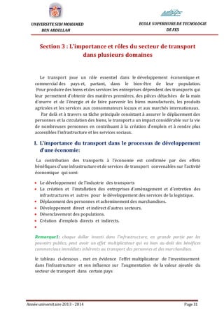 Année universitaire 2013 - 2014 Page 31
UNIVERSITE SIDI MOHAMED
BEN ABDELLAH
ECOLE SUPERIEURE DE TECHOLOGIE
DE FES
Section 3 : L’importance et rôles du secteur de transport
dans plusieurs domaines
Le transport joue un rôle essentiel dans le développement économique et
commercial des pays et, partant, dans le bien-être de leur population.
Pour produire des biens et des services les entreprises dépendent des transports qui
leur permettent d'obtenir des matières premières, des pièces détachées de la main
d'œuvre et de l'énergie et de faire parvenir les biens manufacturés, les produits
agricoles et les services aux consommateurs locaux et aux marchés internationaux.
Par delà et à travers sa tâche principale consistant à assurer le déplacement des
personnes et la circulation des biens, le transport a un impact considérable sur la vie
de nombreuses personnes en contribuant à la création d'emplois et à rendre plus
accessibles l'infrastructure et les services sociaux.
I. L'importance du transport dans le processus de développement
d'une économie:
La contribution des transports à l'économie est confirmée par des effets
bénéfiques d'une infrastructure et de services de transport convenables sur l'activité
économique qui sont:
 Le développement de l'industrie des transports
 La création et l'installation des entreprises d'aménagement et d'entretien des
infrastructures et autres pour le développement des services de la logistique.
 Déplacement des personnes et acheminement des marchandises.
 Développement direct et indirect d'autres secteurs.
 Désenclavement des populations.
 Création d'emplois directs et indirects.

Remarque1: chaque dollar investi dans l'infrastructure, en grande partie par les
pouvoirs publics, peut avoir un effet multiplicateur qui va bien au-delà des bénéfices
commerciaux immédiats inhérents au transport des personnes et des marchandises.
le tableau ci-dessous , met en évidence l'effet multiplicateur de l'investissement
dans l'infrastructure et son influence sur l'augmentation de la valeur ajoutée du
secteur de transport dans certain pays
 
