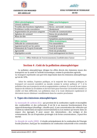 Année universitaire 2013 - 2014 Page 53
UNIVERSITE SIDI MOHAMED
BEN ABDELLAH
ECOLE SUPERIEURE DE TECHOLOGIE
DE FES
Effets physiologiques Effets psychologiques
Lésions auditives Gene
Troubles des fonctions végétatives Stress ; nervosité ; tension
Problèmes cardio-vasculaires Abattement
Augmentation de pression sanguine Trouble de communication
Agitation de sommeil Baisse de productivité
Maux de tête Irritabilité
Symptôme psychosomatique
Effets sociaux Effets économiques
Difficulté de communication Prix immobilière
Jugement porté sur les autres Cout de protection
Diminution de l’esprit d’entraide Cout de la santé
Agressivité Perte de production
Ségrégation sociale Cout aménagement territoire
Source : Office fédérale de l’environnement, Confédération Suisse
Section 4 : Coût de la pollution atmosphérique
La pollution atmosphérique désigne les effets directs des émissions issues des
transports sur la santé et l’activité économique, comme la production agricole.
Le transport représente une part très importante dans les émissions atmosphérique
qu’est de 32%.
Selon les médias, l’opinion publique, et la majorité des hommes politiques, le
transport est souvent considéré au monde comme le secteur pollueur n° 1 et la
pollution due aux transports serait en augmentation continue. Il y aurait là une raison
majeure de réduire la circulation et de tout faire pour favoriser un transfert modal. La
réalité est bien différente. Les pollutions dues à la route diminuent rapidement et
devraient encore diminuer sensiblement dans les années prochaines
I. Types des émissions atmosphériques
Le monoxyde de carbone (Co) : qui provient de la combustion rapide et incomplète
des combustibles et des carburants. Il est lié à un mauvais fonctionnement d’un
appareil domestique (chauffage ; chauffe-eau) ; à une concentration des véhicules qui
roulent au ralenti dans un espace couvert (tunnel) ou à un moteur qui tourne dans un
espace clos (garage). Il peut causer des intoxications ; des vertiges et des
vomissements. En cas d’exposition prolongée à de fortes concentrations ; il peut être
mortel.
Le dioxyde de soufre (SO2) : il résulte principalement de la combustion de l’énergie
fossile (charbon ; fuel) par les installations de combustion industrielle et les centrales
 