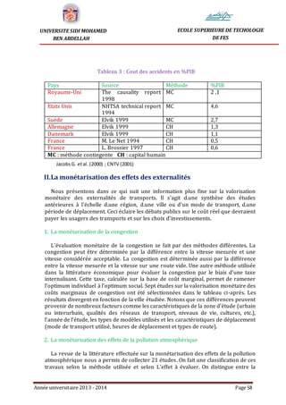 Année universitaire 2013 - 2014 Page 58
UNIVERSITE SIDI MOHAMED
BEN ABDELLAH
ECOLE SUPERIEURE DE TECHOLOGIE
DE FES
Tableau 3 : Cout des accidents en %PIB
Pays Source Méthode %PIB
Royaume-Uni The causality report
1998
MC 2 ,1
Etats Unis NHTSA technical report
1994
MC 4,6
Suède Elvik 1999 MC 2,7
Allemagne Elvik 1999 CH 1,3
Danemark Elvik 1999 CH 1,1
France M. Le Net 1994 CH 0,5
France L. Brossier 1997 CH 0,6
MC : méthode contingente CH : capital humain
II.La monétarisation des effets des externalités
Nous présentons dans ce qui suit une information plus fine sur la valorisation
monétaire des externalités de transports. Il s’agit d.une synthèse des études
antérieures à l’échelle d.une région, d.une ville ou d’un mode de transport, d.une
période de déplacement. Ceci éclaire les débats publics sur le coût réel que devraient
payer les usagers des transports et sur les choix d’investissements.
1. La monétarisation de la congestion
L’évaluation monétaire de la congestion se fait par des méthodes différentes. La
congestion peut être déterminée par la différence entre la vitesse mesurée et une
vitesse considérée acceptable. La congestion est déterminée aussi par la différence
entre la vitesse mesurée et la vitesse sur une route vide. Une autre méthode utilisée
dans la littérature économique pour évaluer la congestion par le biais d’une taxe
internalisant. Cette taxe, calculée sur la base de coût marginal, permet de ramener
l’optimum individuel à l’optimum social. Sept études sur la valorisation monétaire des
coûts marginaux de congestion ont été sélectionnées dans le tableau ci-après. Les
résultats divergent en fonction de la ville étudiée. Notons que ces différences peuvent
provenir de nombreux facteurs comme les caractéristiques de la zone d’étude (urbain
ou interurbain, qualités des réseaux de transport, niveaux de vie, cultures, etc.),
l’année de l’étude, les types de modèles utilisés et les caractéristiques de déplacement
(mode de transport utilisé, heures de déplacement et types de route).
2. La monétarisation des effets de la pollution atmosphérique
La revue de la littérature effectuée sur la monétarisation des effets de la pollution
atmosphérique nous a permis de collecter 21 études. On fait une classification de ces
travaux selon la méthode utilisée et selon L’effet à évaluer. On distingue entre la
JacobsG. etal. (2000) ; CNTV (2001)
 