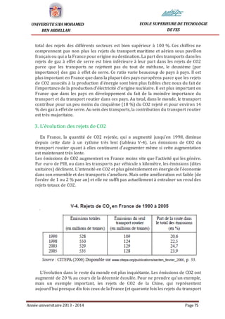 Année universitaire 2013 - 2014 Page 75
UNIVERSITE SIDI MOHAMED
BEN ABDELLAH
ECOLE SUPERIEURE DE TECHOLOGIE
DE FES
total des rejets des différents secteurs est bien supérieur à 100 %. Ces chiffres ne
comprennent pas non plus les rejets du transport maritime et aérien sous pavillon
français ou qui a la France pour origine ou destination. La part des transports dans les
rejets de gaz à effet de serre est bien inférieure à leur part dans les rejets de CO2
parce que les transports ne rejettent pas du tout de méthane, le deuxième (par
importance) des gaz à effet de serre. Ce ratio varie beaucoup de pays à pays. Il est
plus important en France que dans la plupart des pays européens parce que les rejets
de CO2 associés à la production d’énergie sont bien plus faibles chez nous du fait de
l’importance de la production d’électricité d’origine nucléaire. Il est plus important en
France que dans les pays en développement du fait de la moindre importance du
transport et du transport routier dans ces pays. Au total, dans le monde, le transport
contribue pour un peu moins du cinquième (18 %) du CO2 rejeté et pour environ 14
% des gaz à effet de serre. Au sein des transports, la contribution du transport routier
est très majoritaire.
3. L’évolution des rejets de CO2
En France, la quantité de CO2 rejetée, qui a augmenté jusqu’en 1998, diminue
depuis cette date à un rythme très lent (tableau V-4). Les émissions de CO2 du
transport routier quant à elles continuent d’augmenter même si cette augmentation
est maintenant très lente.
Les émissions de CO2 augmentent en France moins vite que l’activité qui les génère.
Par euro de PIB, ou dans les transports par véhicule x kilomètre, les émissions (dites
unitaires) déclinent. L’intensité en CO2 et plus généralement en énergie de l’économie
dans son ensemble et des transports s’améliore. Mais cette amélioration est faible (de
l’ordre de 1 ou 2 % par an) et elle ne suffît pas actuellement à entraîner un recul des
rejets totaux de CO2.
L’évolution dans le reste du monde est plus inquiétante. Les émissions de CO2 ont
augmenté de 20 % au cours de la décennie écoulée. Pour ne prendre qu’un exemple,
mais un exemple important, les rejets de CO2 de la Chine, qui représentent
aujourd’hui presque dix fois ceux de la France (et quarante fois les rejets du transport
 
