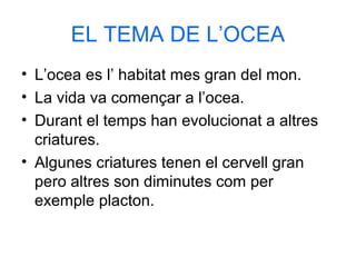 EL TEMA DE L’OCEA
• L’ocea es l’ habitat mes gran del mon.
• La vida va començar a l’ocea.
• Durant el temps han evolucionat a altres
criatures.
• Algunes criatures tenen el cervell gran
pero altres son diminutes com per
exemple placton.
 