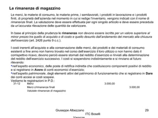 Giuseppe Albezzano
ITC Boselli
29
Le rimanenze di magazzino
Le merci, le materie di consumo, le materie prime, i semilavor...