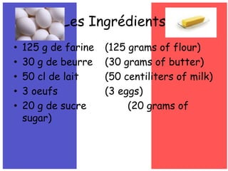 Les Ingrédients125 g de farine(125 grams of flour)30 g de beurre	(30 grams of butter)50 cl de lait(50 centiliters of milk)3 oeufs			(3 eggs)20 g de sucre		(20 grams of sugar)