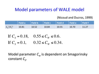 Model	
  parameters	
  of	
  WALE	
  model	
Field	
  a	
 Field	
  b	
 Field	
  c	
 Field	
  d	
 Field	
  e	
 Field	
  f	
Cw
2/Cs
2	
 10.81	
 10.52	
 10.84	
 10.55	
 10.70	
 11.27	
If CS = 0.18, 0.55 ≤ CW ≤ 0.6.
If CS = 0.1, 0.32 ≤ CW ≤ 0.34.
Model	
  parameter	
  Cw	
  is	
  dependent	
  on	
  Smagorinsky	
  
constant	
  CS.	
(Nicoud	
  and	
  Ducros,	
  1999)	
 