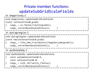 Private	
  member	
  func*ons:	
  
updateSubGridScaleFields	
  	
  	
void	
  Smagorinsky::updateSubGridScaleFields	
  
(const	
  volTensorField&	
  gradU)	
  
{	
  	
  	
  nuSgs_	
  =	
  ck_*delta()*sqrt(k(gradU));	
  
	
  	
  	
  	
  nuSgs_.correctBoundaryConditions(); 	
   	
  }	
  
void	
  dynLagrangian::updateSubGridScaleFields	
  
(const	
  tmp<volTensorField>&	
  gradU)	
  
{	
  	
  	
  nuSgs_	
  =	
  (flm_/fmm_)*sqr(delta())*mag(dev(symm(gradU)));	
  
	
  	
  	
  	
  nuSgs_.correctBoundaryConditions(); 	
   	
  }	
  
void	
  dynOneEqEddy::updateSubGridScaleFields	
  
(	
  	
  	
  const	
  volSymmTensorField&	
  D,	
  
	
  	
  	
  	
  const	
  volScalarField&	
  KK	
   	
  )	
  
{	
  	
  	
  nuSgs_	
  =	
  ck(D,	
  KK)*sqrt(k_)*delta();	
  
	
  	
  	
  	
  nuSgs_.correctBoundaryConditions(); 	
   	
  }	
  
In	
  Smagorinsky.C	
In	
  dynLagrangian.C	
In	
  dynOneEqEddy.C	
 