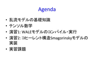 Agenda	
•  乱流モデルの基礎知識	
  
•  テンソル数学	
  
•  演習1:	
  WALEモデルのコンパイル・実行	
  
•  演習2:	
  コヒーレント構造Smagorinskyモデルの
実装	
  
•  実習課題	
  
 