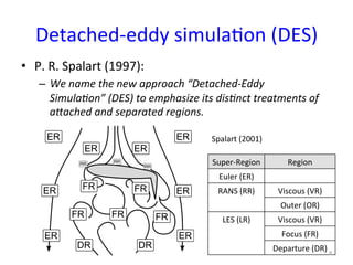 Detached-­‐eddy	
  simulaRon	
  (DES)	
•  P.	
  R.	
  Spalart	
  (1997):	
  
–  We	
  name	
  the	
  new	
  approach	
  “Detached-­‐Eddy	
  
Simula8on”	
  (DES)	
  to	
  emphasize	
  its	
  dis8nct	
  treatments	
  of	
  
a?ached	
  and	
  separated	
  regions.	
Super-­‐Region	
 Region	
Euler	
  (ER)	
RANS	
  (RR)	
 Viscous	
  (VR)	
Outer	
  (OR)	
LES	
  (LR)	
 Viscous	
  (VR)	
Focus	
  (FR)	
Departure	
  (DR)	
8	
Spalart	
  (2001)	
 