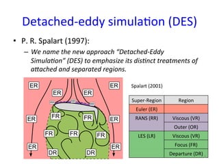 Detached-­‐eddy	
  simulaRon	
  (DES)	
•  P.	
  R.	
  Spalart	
  (1997):	
  
–  We	
  name	
  the	
  new	
  approach	
  “Detached-­‐Eddy	
  
Simula8on”	
  (DES)	
  to	
  emphasize	
  its	
  dis8nct	
  treatments	
  of	
  
a?ached	
  and	
  separated	
  regions.	
Super-­‐Region	
 Region	
Euler	
  (ER)	
RANS	
  (RR)	
 Viscous	
  (VR)	
Outer	
  (OR)	
LES	
  (LR)	
 Viscous	
  (VR)	
Focus	
  (FR)	
Departure	
  (DR)	
Spalart	
  (2001)	
9	
 