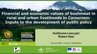 Financial and economic values of bushmeat in
rural and urban livelihoods in Cameroon:
Inputs to the development of public policy
Guillaume Lescuyer
Robert Nasi
23 June 2016, Le Corum, Montpellier
 