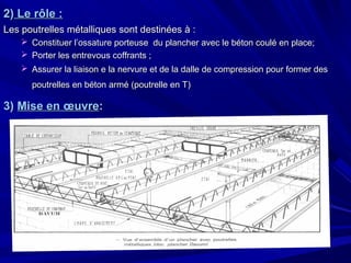 2)2) Le rôle :Le rôle :
Les poutrelles métalliques sont destinées à :Les poutrelles métalliques sont destinées à :
 Constituer l’ossature porteuse du plancher avec le béton coulé en place;Constituer l’ossature porteuse du plancher avec le béton coulé en place;
 Porter les entrevous coffrants ;Porter les entrevous coffrants ;
 Assurer la liaison e la nervure et de la dalle de compression pour former desAssurer la liaison e la nervure et de la dalle de compression pour former des
poutrelles en béton armé (poutrelle en T)poutrelles en béton armé (poutrelle en T)
3)3) Mise en œuvreMise en œuvre::
 