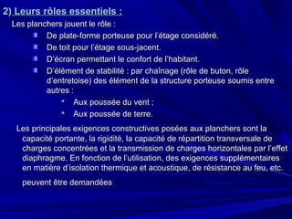 2)2) Leurs rôles essentiels :Leurs rôles essentiels :
Les planchers jouent le rôle :Les planchers jouent le rôle :
De plate-forme porteuse pour l’étage considéré.De plate-forme porteuse pour l’étage considéré.
De toit pour l’étage sous-jacent.De toit pour l’étage sous-jacent.
D’écran permettant le confort de l’habitant.D’écran permettant le confort de l’habitant.
D’élément de stabilité : par chaînage (rôle de buton, rôleD’élément de stabilité : par chaînage (rôle de buton, rôle
d’entretoise) des élément de la structure porteuse soumis entred’entretoise) des élément de la structure porteuse soumis entre
autres :autres :
 Aux poussée du vent ;Aux poussée du vent ;
 Aux poussée de terre.Aux poussée de terre.
Les principales exigences constructives posées aux planchers sont laLes principales exigences constructives posées aux planchers sont la
capacité portante, la rigidité, la capacité de répartition transversale decapacité portante, la rigidité, la capacité de répartition transversale de
charges concentrées et la transmission de charges horizontales par l’effetcharges concentrées et la transmission de charges horizontales par l’effet
diaphragme. En fonction de l’utilisation, des exigences supplémentairesdiaphragme. En fonction de l’utilisation, des exigences supplémentaires
en matière d’isolation thermique et acoustique, de résistance au feu, etc.en matière d’isolation thermique et acoustique, de résistance au feu, etc.
peuvent être demandéespeuvent être demandées
 