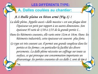       A. Dalles coulées au chantier:
    A.1.Dalle plaine en béton armé (Fig.1) :
La dalle pleine. Appelée aussi « dalle massive » est une plaque dont
l'épaisseur est petit par rapport à ses autres dimensions. Son
épaisseur H varie de 1/10 à 1/35 de la grande portée L .
Dans les bâtiments courants, elle varie entre 12cm et 18cm. Dans les
bâtiments industriels, cette épaisseur est souvent plus forte.
Ce type est très courant car, il permet une grande souplesse dans les
portées et les formes ; en particulier la facilité des divers
percements. La dalle pleine nécessite un coffrage sur toute sa
surface, ce qui provoque une consommation importante un
désavantage .les portées courantes de ces dalle L sont de 6m à
7m.
LES DIFFÉRENTS TYPE:
 