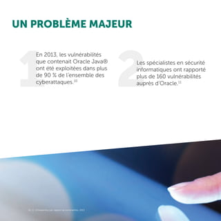 UN PROBLÈME MAJEUR
Les spécialistes en sécurité
informatiques ont rapporté
plus de 160 vulnérabilités
auprès d’Oracle.11
1 2
En 2013, les vulnérabilités
que contenait Oracle Java®
ont été exploitées dans plus
de 90 % de l’ensemble des
cyberattaques.10
10, 11, 12 Kaspersky Lab, rapport de vulnérablités, 2013
 