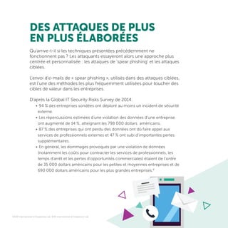 Qu’arrive-t-il si les techniques présentées précédemment ne
fonctionnent pas ? Les attaquants essayeront alors une approche plus
centrée et personnalisée : les attaques de ‘spear phishing’ et les attaques
ciblées.
L’envoi d’e-mails de « spear phishing », utilisés dans des attaques ciblées,
est l’une des méthodes les plus fréquemment utilisées pour toucher des
cibles de valeur dans les entreprises.
D’après la Global IT Security Risks Survey de 2014:
•	94 % des entreprises sondées ont déploré au moins un incident de sécurité
externe.
•	Les répercussions estimées d’une violation des données d’une entreprise
ont augmenté de 14 %, atteignant les 798 000 dollars américains.
•	87 % des entreprises qui ont perdu des données ont dû faire appel aux
services de professionnels externes et 47 % ont subi d’importantes pertes
supplémentaires.
•	En général, les dommages provoqués par une violation de données
(notamment les coûts pour contracter les services de professionnels, les
temps d’arrêt et les pertes d’opportunités commerciales) étaient de l’ordre
de 35 000 dollars américains pour les petites et moyennes entreprises et de
690 000 dollars américains pour les plus grandes entreprises.9
DES ATTAQUES DE PLUS
EN PLUS ÉLABORÉES
9 B2B International et Kaspersky Lab, B2B International et Kaspersky Lab
 