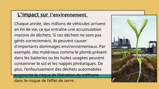 L’impact sur l’envirennement
Chaque année, des millions de véhicules arrivent
en fin de vie, ce qui entraîne une accumulation
massive de déchets. Si ces déchets ne sont pas
gérés correctement, ils peuvent causer
d'importants dommages environnementaux. Par
exemple, des matériaux comme le plomb présent
dans les batteries ou les huiles usagées peuvent
contaminer le sol et les nappes phréatiques. De
plus, l'enfouissement des déchets automobiles
augmente le risque de libération de méthane
danc le risque de l’effet de serre .
 