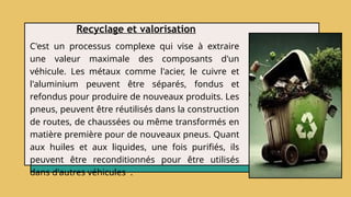Recyclage et valorisation
C'est un processus complexe qui vise à extraire
une valeur maximale des composants d'un
véhicule. Les métaux comme l'acier, le cuivre et
l'aluminium peuvent être séparés, fondus et
refondus pour produire de nouveaux produits. Les
pneus, peuvent être réutilisés dans la construction
de routes, de chaussées ou même transformés en
matière première pour de nouveaux pneus. Quant
aux huiles et aux liquides, une fois purifiés, ils
peuvent être reconditionnés pour être utilisés
dans d'autres véhicules .
 