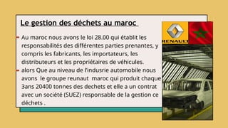 Le gestion des déchets au maroc
Au maroc nous avons le loi 28.00 qui établit les
responsabilités des différentes parties prenantes, y
compris les fabricants, les importateurs, les
distributeurs et les propriétaires de véhicules.
alors Que au niveau de l’indusrie automobile nous
avons le groupe reunaut maroc qui produit chaque
3ans 20400 tonnes des dechets et elle a un contrat
avec un société (SUEZ) responsable de la gestion ce
déchets .
 