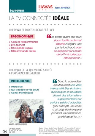 éqUiPement


     La tv connectée IDÉALE

     uNE TV QuI SE PILOTE Au DOIGT ET à L’œIL

       ERGONOMIQUE                               Je pense avant tout à un
                                                   écran tactile au format
     > adieu la télécommande
     > Eye connect                                  tablette intégrant une
     > Commande vocale                              partie touchpad pour
     > télécommande tactile                        se déplacer sur l’écran
                                                     de la TV et surfer plus
                                                            efficacement. »



     uNE TV QuI OFFrE uNE VALEur AJOuTÉE
     A L’EXPÉrIENCE TÉLÉVISuELLE

       INTELLIGENTE                                   Donc la vraie valeur
                                                   ajoutée serait une vraie
     > Interactive
     > Qui s’adapte à vos goûts
                                               interactivité. Des émissions
     > alertes thématiques                      dynamiques, la possibilité
                                                  d’avoir des informations
                                                      supplémentaires sur
                                               certains sujets d’actualités
                                                  (par exemple une carte
                                                 d’un pays dont on parle
                                                pendant les informations,
                                                      une biographie...). »

     MIKADO / BETC EurO rSCG

     LA TÉLÉVISION,            Source : Havas Media / Ipsos MediaCT – TV connectée. Et le point
                               de vue du consommateur ? – Étude qualitative réalisée auprès
26   TOUS LES jOURS
     AU TOP                    d’une communauté de consommateurs équipés de TV connectée
                               et d’intentionnistes – juin 2011.
 